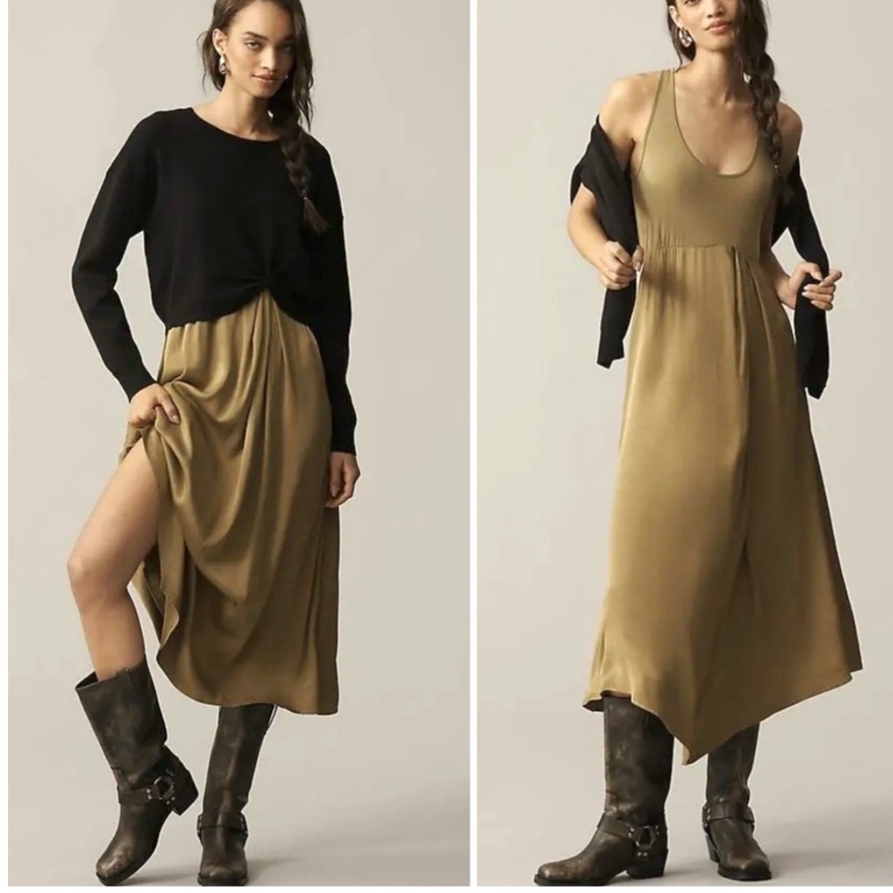 Anthropologie Gemini Twofer Sweater + Dress Set Twist Front Black Olive Dress XS